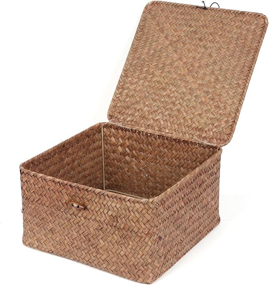 Moosky Wicker Shelf Baskets with Lid, Handwoven Seagrass Storage Basket Bins Square Gift Boxes for Shelves Home Decor Organizer (Coffee, Medium) by Moosky