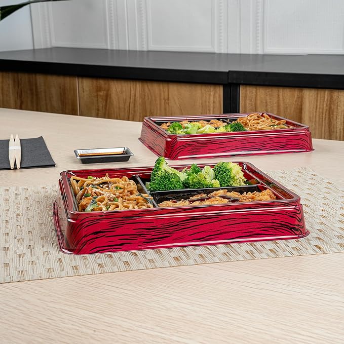 Restaurantware-Bento Tek 16.1 Ounce Meal Prep Containers, 50 Disposable To Go Food Boxes - Lids Sold Separately, 3 Compartments, Red And Black Plastic Bento Lunch Boxes, Freezable, For Take Out - Image 4