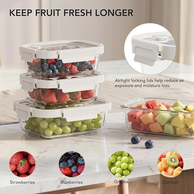 4 Pack Glass Produce Storage Containers for Fridge with Glass Lids | 82oz Borosilicate Produce & Meal Prep Containers, Airtight Leakproof BPA Free Fridge Organizer, Microwave Dishwasher Safe - Image 3