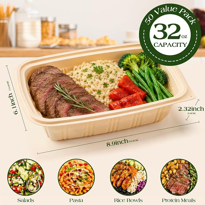 100 Piece (50 Pack) Meal Prep Containers with Lids,32 oz Resuable Cornstarch Material Salad Containers, Plant-based Lunch Boxes, Plastic Take Out Bowls BPA Free, Microwave Freezer Safe, Stackable - Image 8