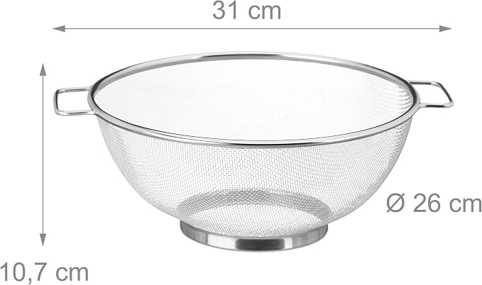 3x stainless steel colander, fine mesh strainer with handles, for pasta, dishwasher safe, with base, Ø 26 cm, silver - Image 4