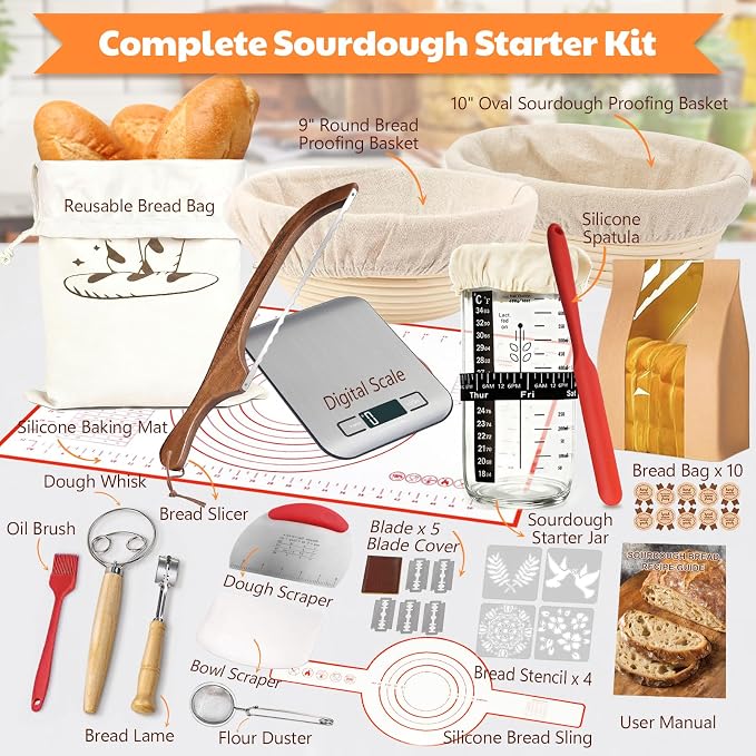 Sourdough Starter Kit with Scale, Banneton Bread Proofing Baskets Set | Complete Sourdough Bread Baking Supplies with Starter Jar, Full Sourdough Bread Making Tool, Gift Set for Bakers Beginner - Image 2
