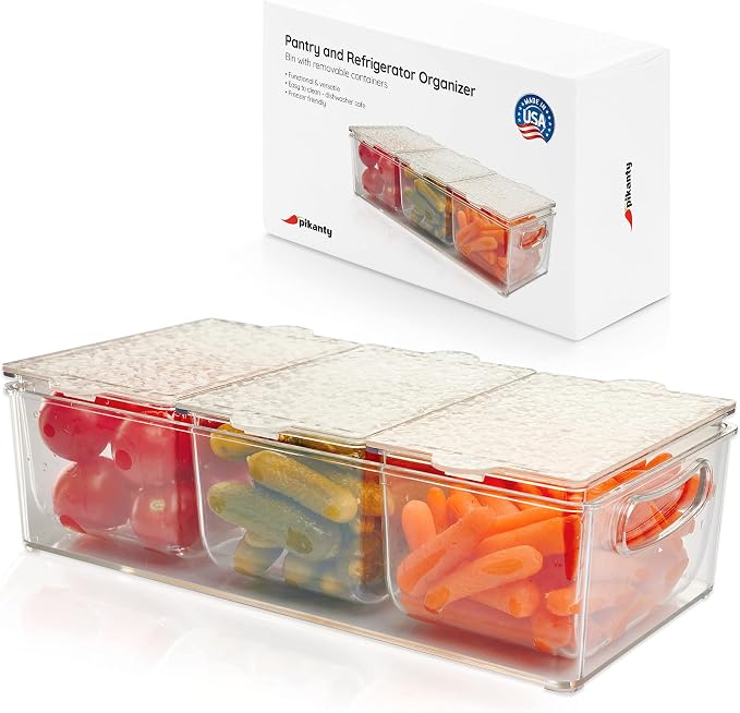 Pikanty Condiment Server Tray with 3 Removable Containers and Lids - Compact Sundae Bar, Taco Night, Dip Tray, Kids Snack Station Organizer with Carry Handles, Dishwasher Safe, Made in USA by Pikanty