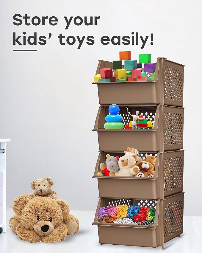 TidyFriend Plastic Stackable Storage Bins for Pantry, 4 Pack Stackable Bins For Organizing Food, Kitchen, and Bathroom Essentials (Brown) | Sturdy Plastic, Easy Stacking, Open Front Access, Ventilated Sides, Vertical & Space Saving Pantry Organizers an... - Image 4