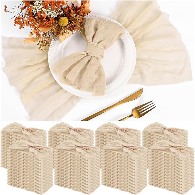 100 Pieces Cloth Napkins Beige Dinner Cheesecloth Napkins for Wedding,Wrinkled Cloth Napkins Bulk for Home Party Rustic Table Decoration, 17 x 17 Inch by Teruntrue