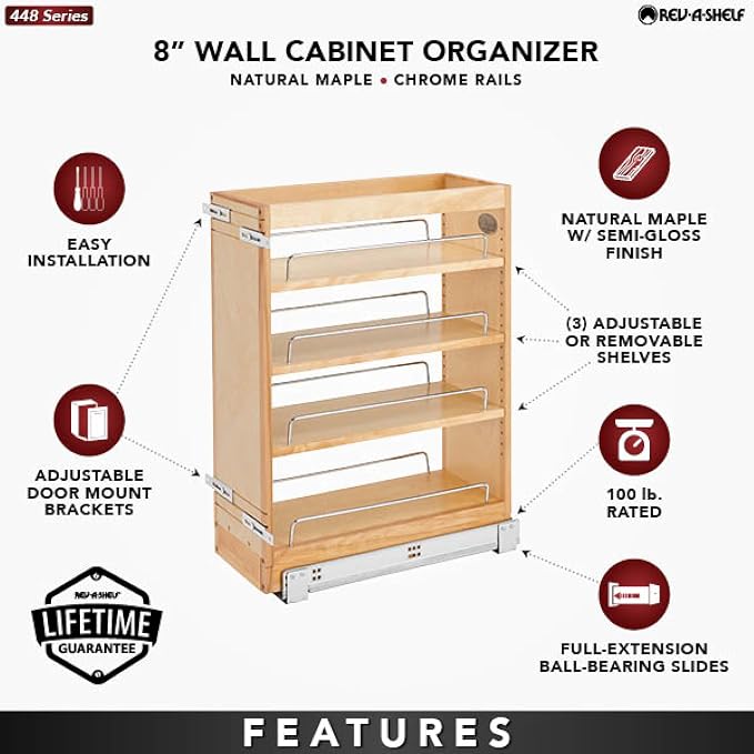Rev-A-Shelf Pullout Base Cabinet Organizer, Adjustable Shelves for Full Height Kitchen or Vanity Cabinets, Maple Wood, 448-BC19-8C - Image 4