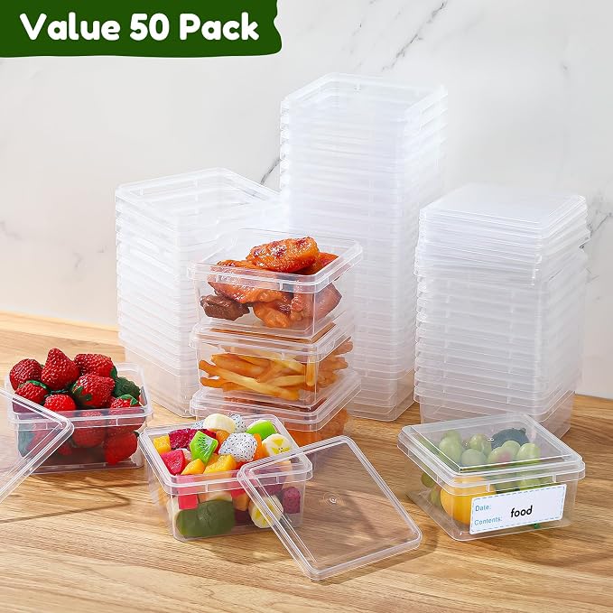 18 oz 50 Pack Small Square Deli Containers with Lids Plastic Freezer Food Reusable Meal Dessert Ice Cream Containers with Labels for Takeout Meal Storage Microwave Freezer Safe(Clear) - Image 6