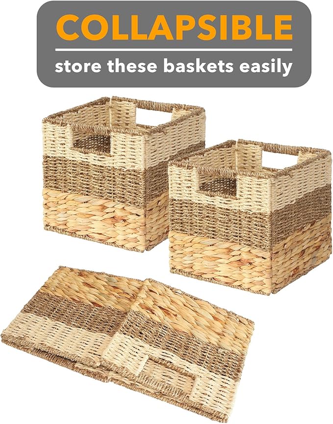 SpaceAid 4 Pack 3 Pattern Design Wicker Basket, Baskets for Organizing, Storage Rattan Basket with Handles for Shelves, Woven Cube Storage Bin Organizer, 10.5x10.5x10.5 inch, Natural - Image 7