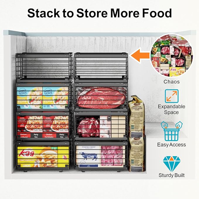 Freezer Organizer Bins - Adjustable Fits Chest Freezers 10-20 Cu Ft | 4 Pack Stackable Wire Baskets, Easy Access & Quick Organization, Sturdy Steel Rack Holds Frozen Meat and Vegetables, Black - Image 3