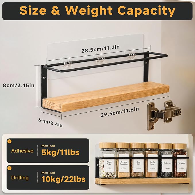4-Tier Wall Mount Spice Rack Organizer with 24 Glass Jars, 216 Labels & Funnel - Screw/Adhesive Mount, Black Metal & Bamboo Spice Storage for Kitchen Pantry Cabinet, 11.6”W x 2.4”D x 3.2”H - Image 4
