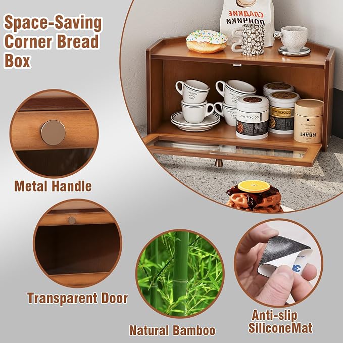 Trironsun Corner Bamboo Bread Box for Kitchen Counter Large Rustic Bread Storage Container with Acrylic Door Space-Saving Vintage Bread Keeper for Homemade Bread (Brown) - Image 7