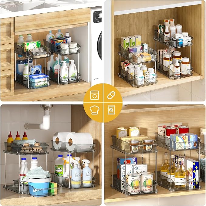 Delamu 2-Tier Under Sink Organizers and Storage, Multi-Purpose Stackable Bathroom Cabinet organizers, Pull Out Kitchen Pantry Organization and Storage with Dividers(3 Pack, Grey) - Image 4