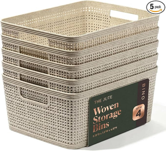 BINO | Woven Plastic Basket | Small (Natural), 5-Pack | THE JUTE COLLECTION | Home Organization, Space - Saving Storage, Stylish Design | Jute Basket | Plastic Storage Basket by BINO