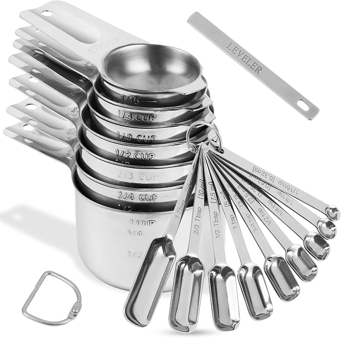 Measuring Cups and Spoons Set, 18/8 Stainless Steel Measuring Cups and Spoons Set, Metric & US Measuring Tools Set, Heavy Duty 7 Cups and 9 Spoons 1 Leveler for Baking and Kitchen by Viwehots