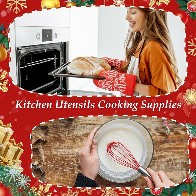 LemonRoad 12 Sets Christmas Whisk Baking Gift Set Xmas Silicone Whisks Oven Mitt Pot Holder Greeting Cards Ribbon Bags for Holiday Kitchen Utensils Cooking Supplies Neighbor Gift(Exquisite,Red) - Image 5