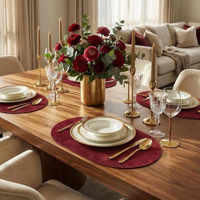 Placemats, Oval Placemats 2mm Ultra Thick Faux Leather Table Mats, Heat Resistant Waterproof Wipeable Dining Mats for Kitchen Table, Set of 6, Wine Red - Image 5