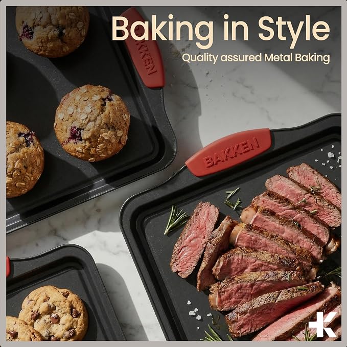 Baking Set – 8 Piece Kitchen Oven Bakeware Set – Deluxe Non-Stick Black Coating Inside and Outside – Carbon Steel – Red Silicone Handles – PFOA PFOS and PTFE Free by Bakken - Image 8