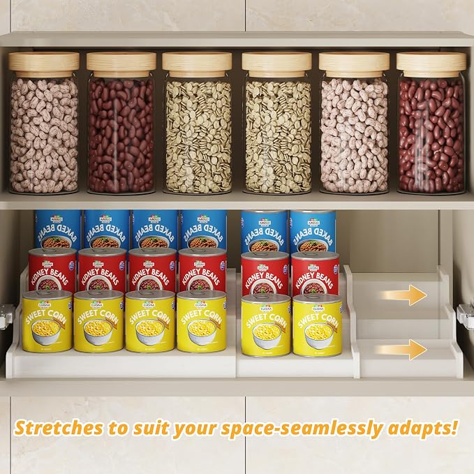3-Tier Expandable Bamboo Can Organizer for Pantry, Holds 24 Cans, White | Adjustable Can Storage Rack for Kitchen Cabinets, Soda & Canned Goods Holder for Pantry Organization, White (Patent Pending) - Image 4