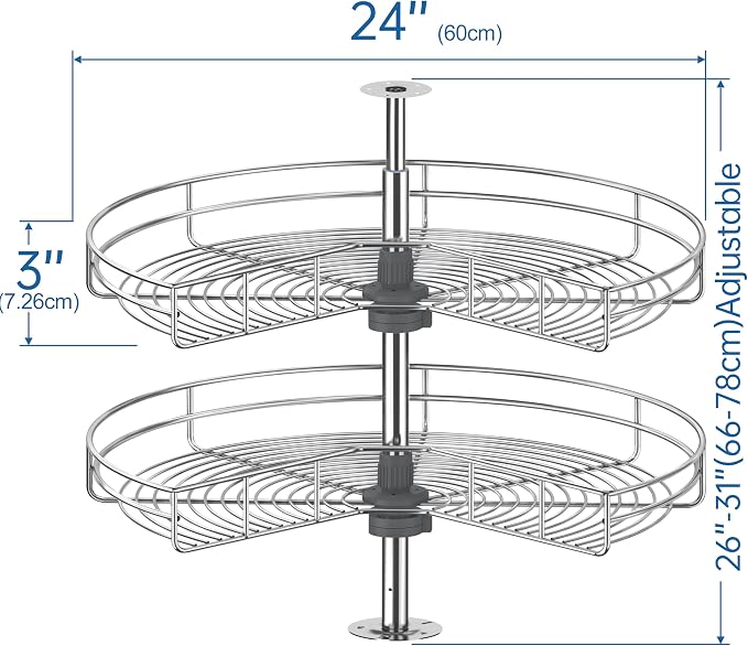 Kidney Shape 24" Corner Cabinet Lazy Susan, Replacement Shelves | Chrome-plated Steel Wire, 270° Dual-Shelf Rotation, 26-31" Adjustable, Fits 24"+ Corner Cabinets, Replacement Kitchen Storage - Image 3