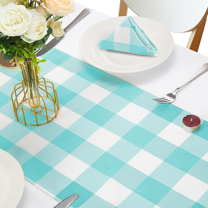 Cupuamon Fabric Checkered Table Runner 6 Pack Waterproof Gingham Table Runner 14W x 108L Buffalo Check Table Runners for Parties Kitchen Dining Wedding Banquet (Aqua and White) - Image 5