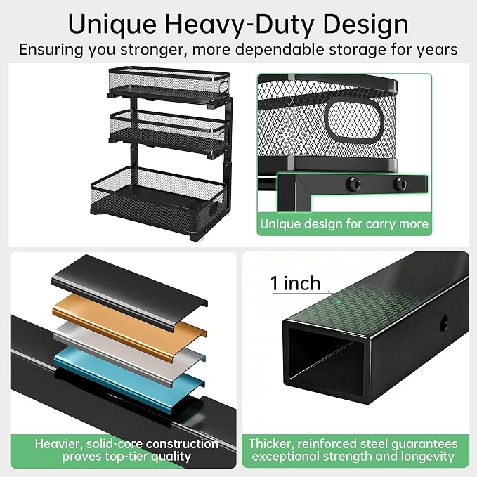 3-Tier Under Sink Organizer, Pull Out Cabinet Organizer for Kitchen & Bath | Height Adjustable, Heavy Duty Carbon Steel Holds 60 lbs, Rust-Proof Fits Kitchen Cabinet, Bathroom, Pantry & Laundry - Image 9