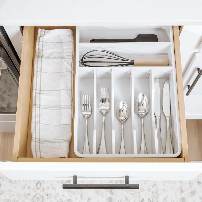 Silverware & Utensil Organizer, Fixed 10.5 in, White | Cutlery, flatware holder, rounded corners, 7 compartments, non-slip feet, kitchen drawers - Image 9