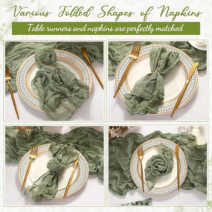 2 Cheesecloth Table Runners and 24 Napkins Set, 10Ft Boho Cheese Cloth Table Runners 20 x 20 Inch Rustic Wrinkled Gauze Napkins for Wedding Birthday Baby Shower Party Decor (Red, Sage Green) - Image 5