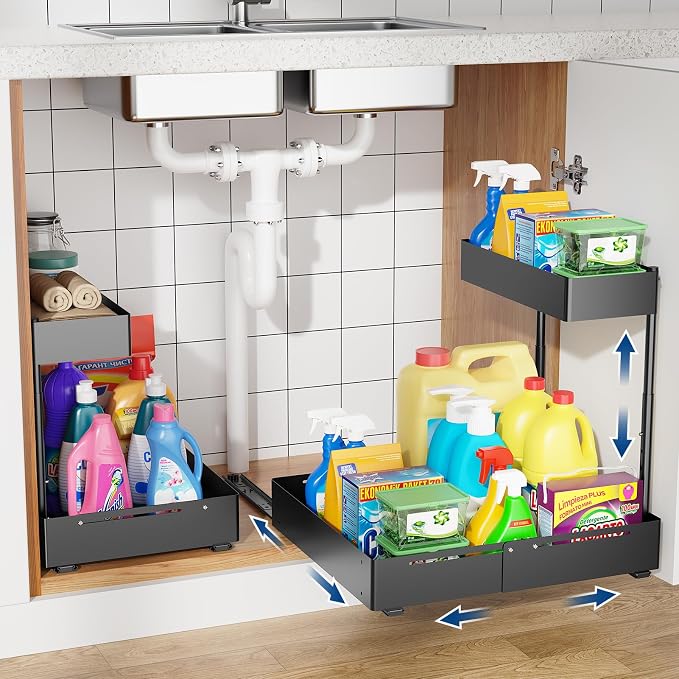 Insputer 2 Pack Under Sink Organizer, 2 Tier Under Cabinet Storage Expandable Width 9.8"-15" & Height Adjustable, Thickened Pull Out Shelf for Bathroom, Kitchen, Laundry, Pantry(Black) by Insputer