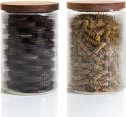 Mason & Fable Ribbed Glass Jar with Wooden Lid 70fl.oz- Set of 2 | Airtight Fluted Storage Container for Cookies, Pasta, Coffee, Dog Treats, Snacks | Organization Canisters for Home & Kitchen by MasonFable