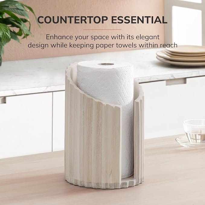 Anji Mountain Wooden Paper Towel Holder with Metal Holder, Holder Stand for Kitchen Roll Organizer & Kitchen Dining Table Home Décor, Countertop Fits Jumbo & Mega Rolls - Whitewash/Nickel, Fluted - Image 6