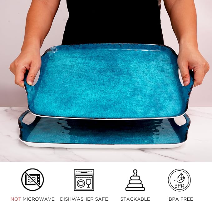 TP Melamine Serving Trays with Handles, 17” x 12”, Set of 2, Retro Teal | Rectangular Trays, Serving Platters for Food and Meat, Dishwasher Safe, Lightweight, Break-resistant - Image 2