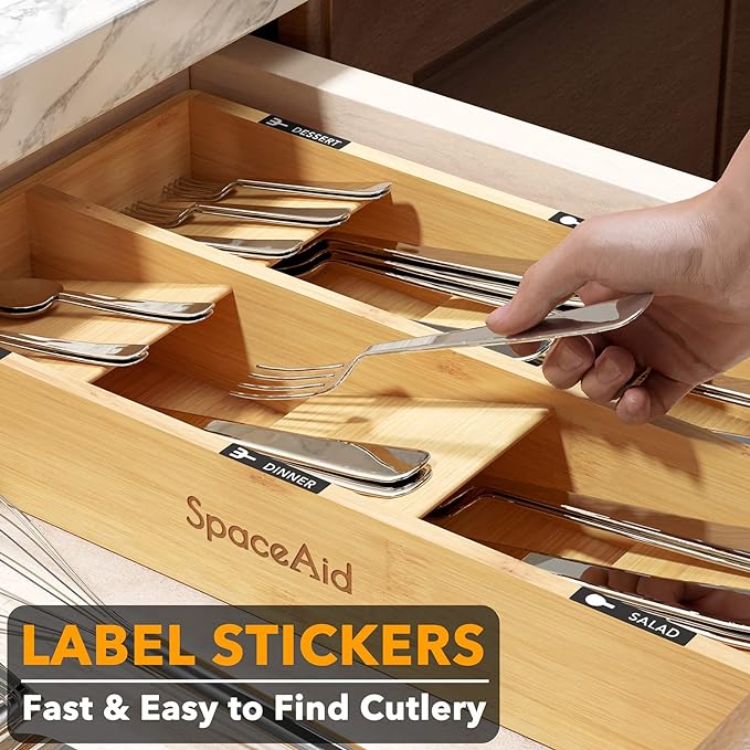 SpaceAid Bamboo Silverware Drawer Organizer with Labels, Kitchen Utensil Tray Holder Organizer for Flatware, Cutlery, Spoon and Knives Drawer Storage Organization (Natural, 6 Slots) - Image 5