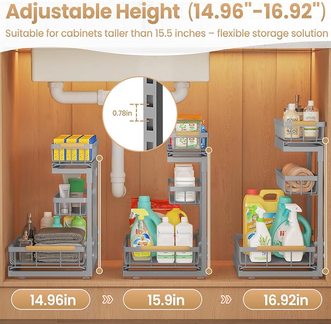 Under Sink Organizer and Storage for Bathroom and Kitchen - 2 Pack 3 Tier Cabinet Pull Out Shelf Organizers - Slide Out Drawer Organization for Home Cabinets Shelves and Drawers - Image 7