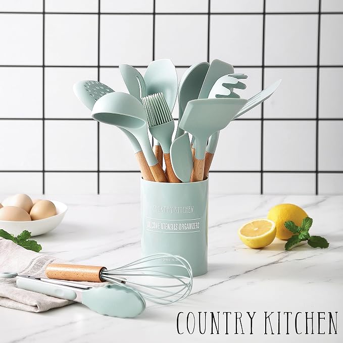 Country Kitchen Non Stick Silicone Utensil Set with Rounded Wood Handles for Cooking and Baking, 14 Piece Set, Mint - Image 6