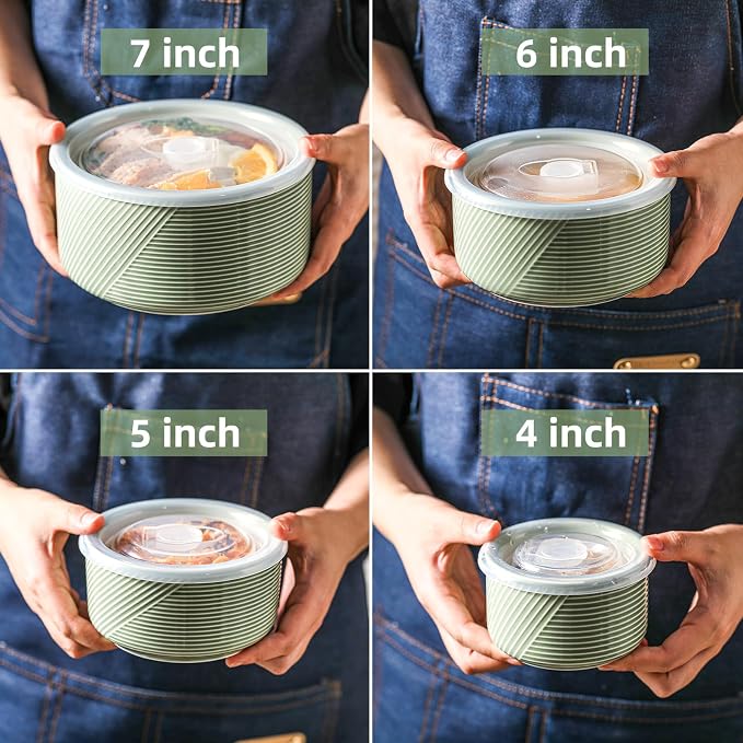 Ceramic Nesting Bowls with Lids, Set of 4, Green | 50/32/20/10 oz Mixing Bowls with Lids - Porcelain Food Storage Containers For Prep and Serving, Microwave Safe - Image 3