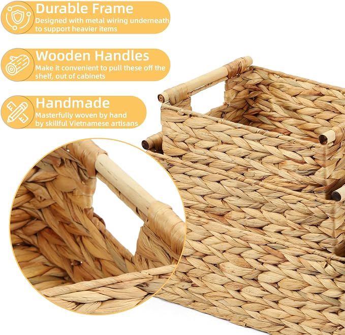 Wicker Storage Baskets for Organizing 3 Pack,Natural Water Hyacinth Ratten Baskets with Wooden Handles, Decorative Handwoven Storage Baskets for Shelves, Bathroom, Pantry or Kitchen - Image 3
