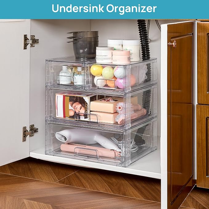 Vtopmart Clear Stackable Storage Drawers, 3 Pack Wide Organizer Set | Wide and Small Pull-Out PET Drawers with Stackable Design for Bathroom Organization, Cabinets, Closets, Pantry and Medicine - Image 2