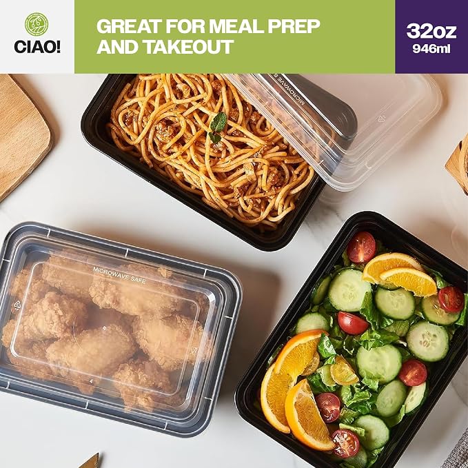 CIAO! Heavy Weight 32oz Injection Molded Microwavable Black Rectangular Food Container with Lid (150/case) - Image 7
