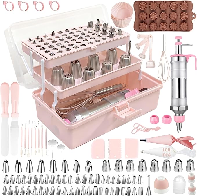 Gawren-H&E 208 PCS Cake Decorating Kit,Baking supplies-Frosting Piping Kit | Cake Decorating Supplies with Icing Dispenser Gun,Piping Bags and Tips Set,Chocolate moulds,Spatulas and more(Light Pink) by Gawren-HE