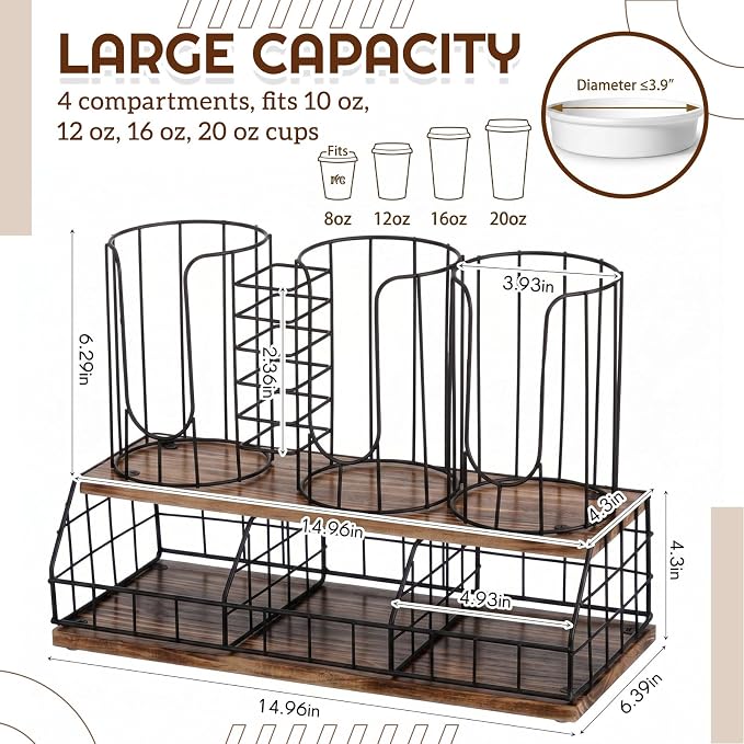 18oz Adjustable Coffee Cup Dispenser with Wooden Base, Cup and Lid Holder, Cups Holder Organizer for Coffee Pod Straw and Lid Storage(4-compartment Double,Color 5) - Image 2