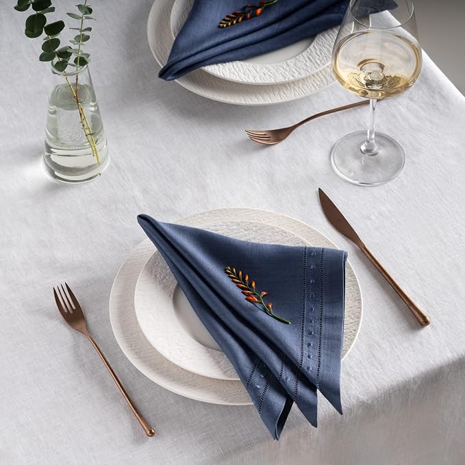 Linen Napkins Set of 4-100% Pure Linen Navy Blue Dinner Napkins with Embroidered Dot 18 x 18 inch - Hemstitch Cloth Napkins Washable for Summer and Wedding Decor - Image 9
