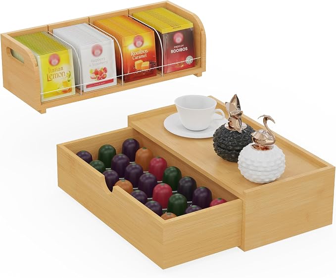 Bamboo Tea Organizer – Stackable Collection (1Tier w/Drawer） by ARFETIGO