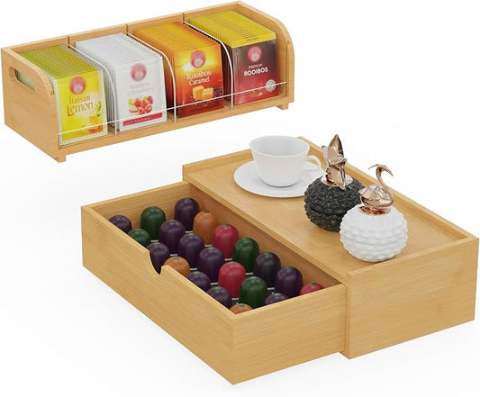 Bamboo Tea Organizer – Stackable Collection (1Tier w/Drawer） by ARFETIGO