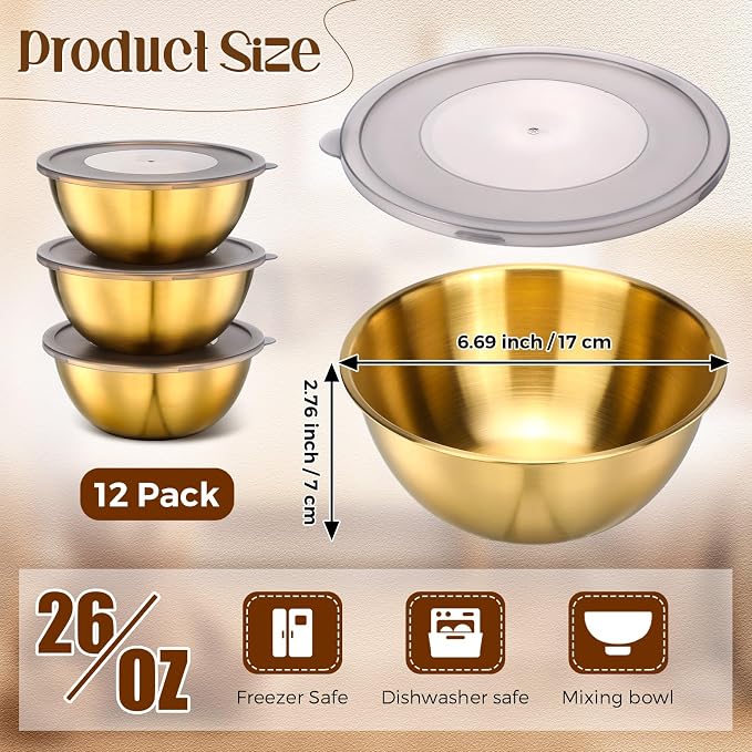 Nuogo 12 Pcs 6.69 Inches Gold Stainless Steel Mixing Bowls with Airtight Lids Stackable Metal Serving Esthetician Facial Bowls for Salad, Fruit, Soup & Kitchen Prep - Image 2