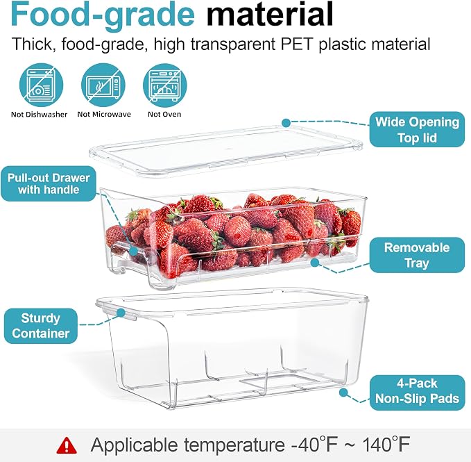 4-Pack Stackable Fruit Storage Containers for Fridge | Pull-Out Drawer Organizer Bins, With Lids & Drain Tray, Keep Fresh, Removable Refrigerator Container for Berry, Veggie, Drink - Image 7