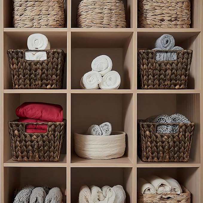 Casafield Set of 4 Water Hyacinth Storage Baskets with Handles - Espresso Brown, Woven Storage Bins for Shelves, Blankets, Laundry Organization - Image 3