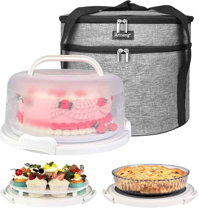 10 inch Round Cake Carrier Box with Lid and Handle, Transportation Insulated Bag for Cakes, Cupcakes and Pies, Triple Locking Design for Safe Transportation (Grey, 5.5 Inches High) by Arineng
