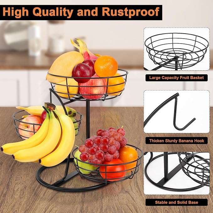 Livabber Fruit Basket Bowl with Banana Hanger, Fruit Vegetable Storage Basket with Banana Tree Holder for Kitchen Counter, Detachable Organizer for Bread Snack Produce (Black, 3-Tier Metal Base) - Image 6