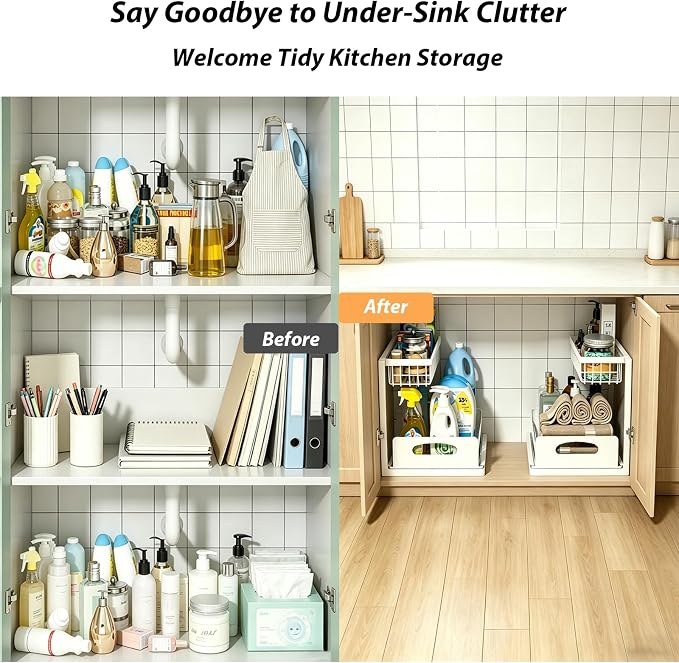 2 Pack Upgraded Under Sink Organizer, 2 Tier Pull out Kitchen Cabinet Organizer Metal Slide out Bathroom Organizers and Storage Makeup Drawer Organizer for Office Bedroom Restroom Living Room, L-White - Image 7