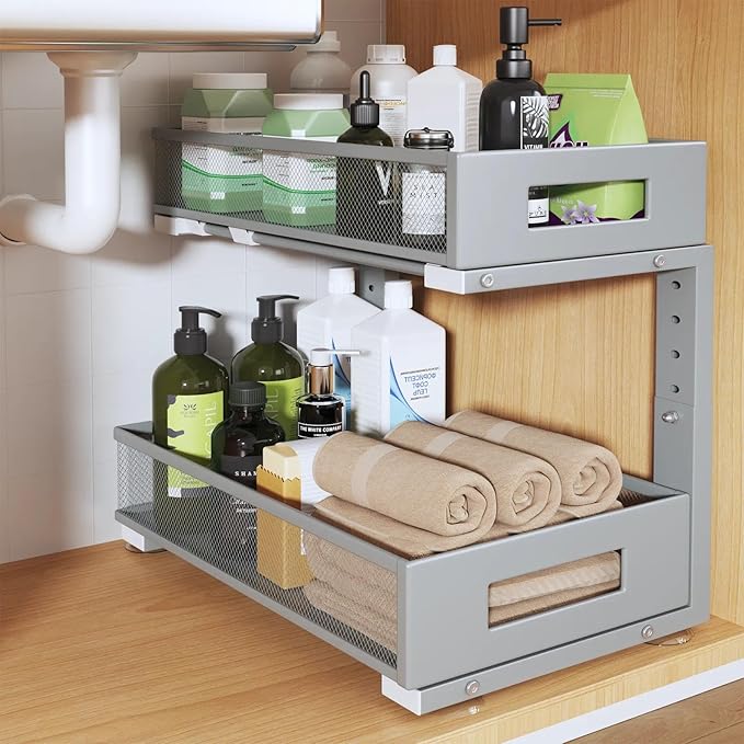 1 Pack 17IN Depth Under Sink Organizer, 2-Tier Pull Out Cabinet Organizer With Smooth Circular Rail, Large Capacity Metal Mesh Sliding Drawers For Bathroom& Kitchen Storage,Height Adjustable-Gun Gray by UnderSinkOrganizer